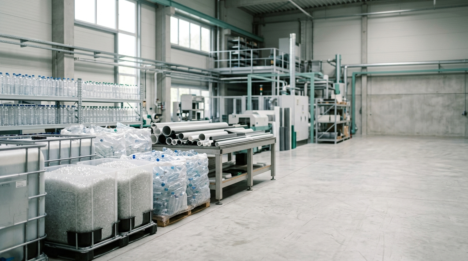 Geri dönüştürülmüş plastik granül, PET şişe ve polimer profillerin yer aldığı modern plastik işleme tesisi